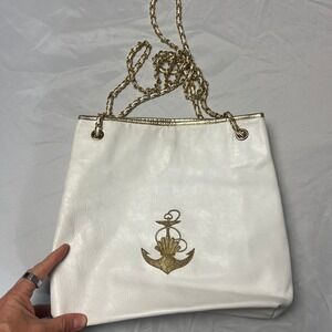 L.J. Simone White & Gold Nautical Anchor Chain Shoulder Bag Purse Coastal Summer